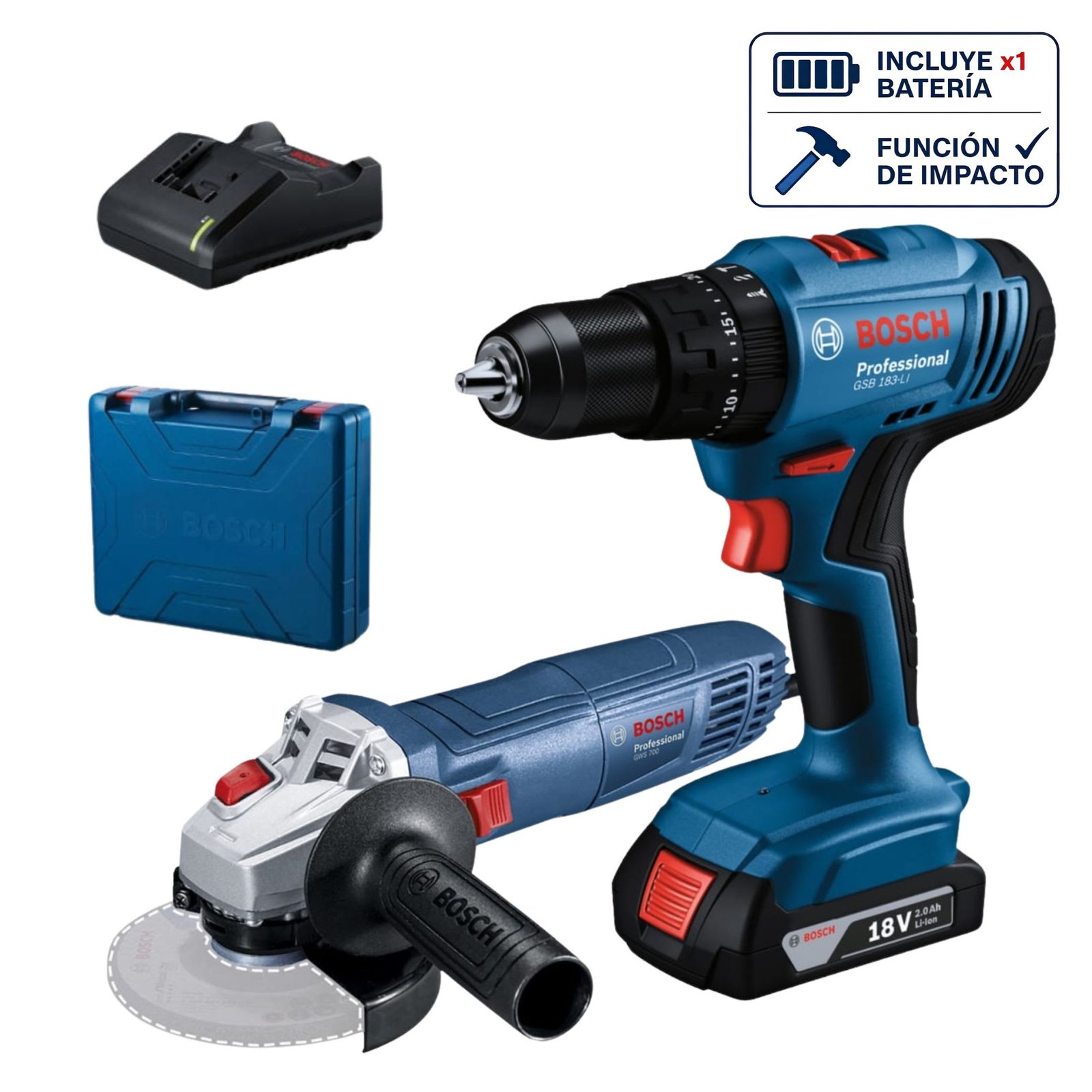 0615a002c20001362 Taladro Percutor 3/8" GSB 183 + amoladora GWS 710w Bosch - Imagen 1