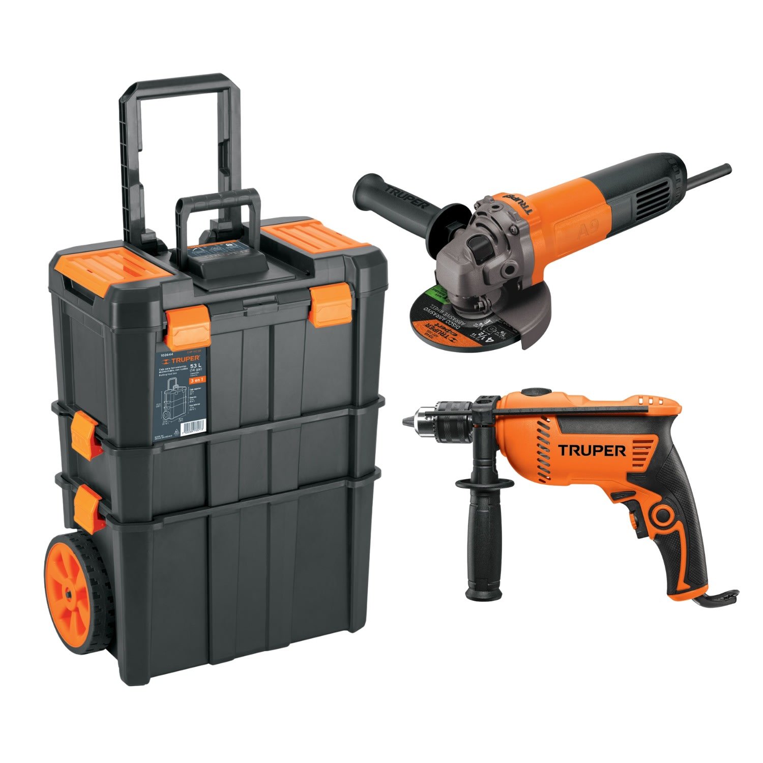 102644-15346-110250424 Caja para herramientas 3 en 1 con ruedas + Combo Taladro 1/2" 600W + Amoladora 4 1/2" 800W Truper - Imagen 1