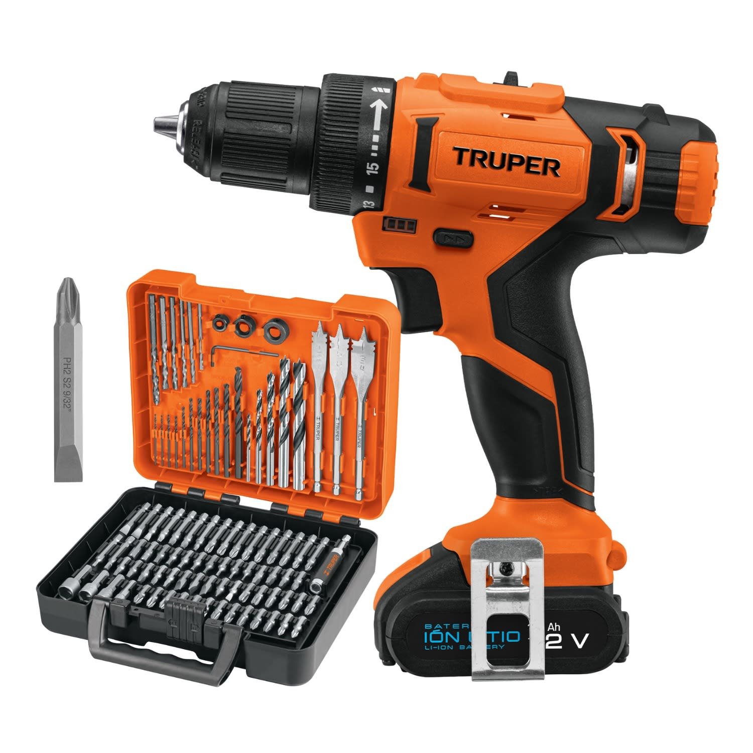 11010-1008728953 Taladro Inalambrico 12V + Juego de 100 Brocas Truper - Imagen 1