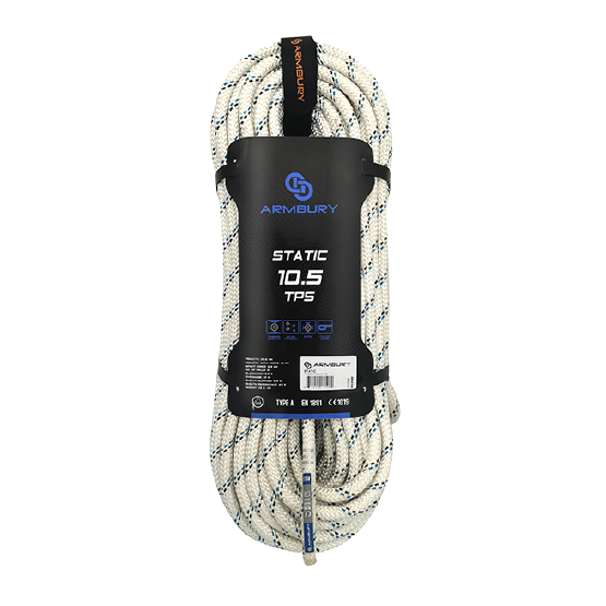 CUERDA SEMI-ESTÁTICA 10.5MM BLANCO-CHISPAS NEGRAS Y CELESTES STATIC TPS 10.5 (PRESENTACIÓN MÁX 400MTS) 25.5 kN CE-EN 1891 S10.5TPS ARMBURY