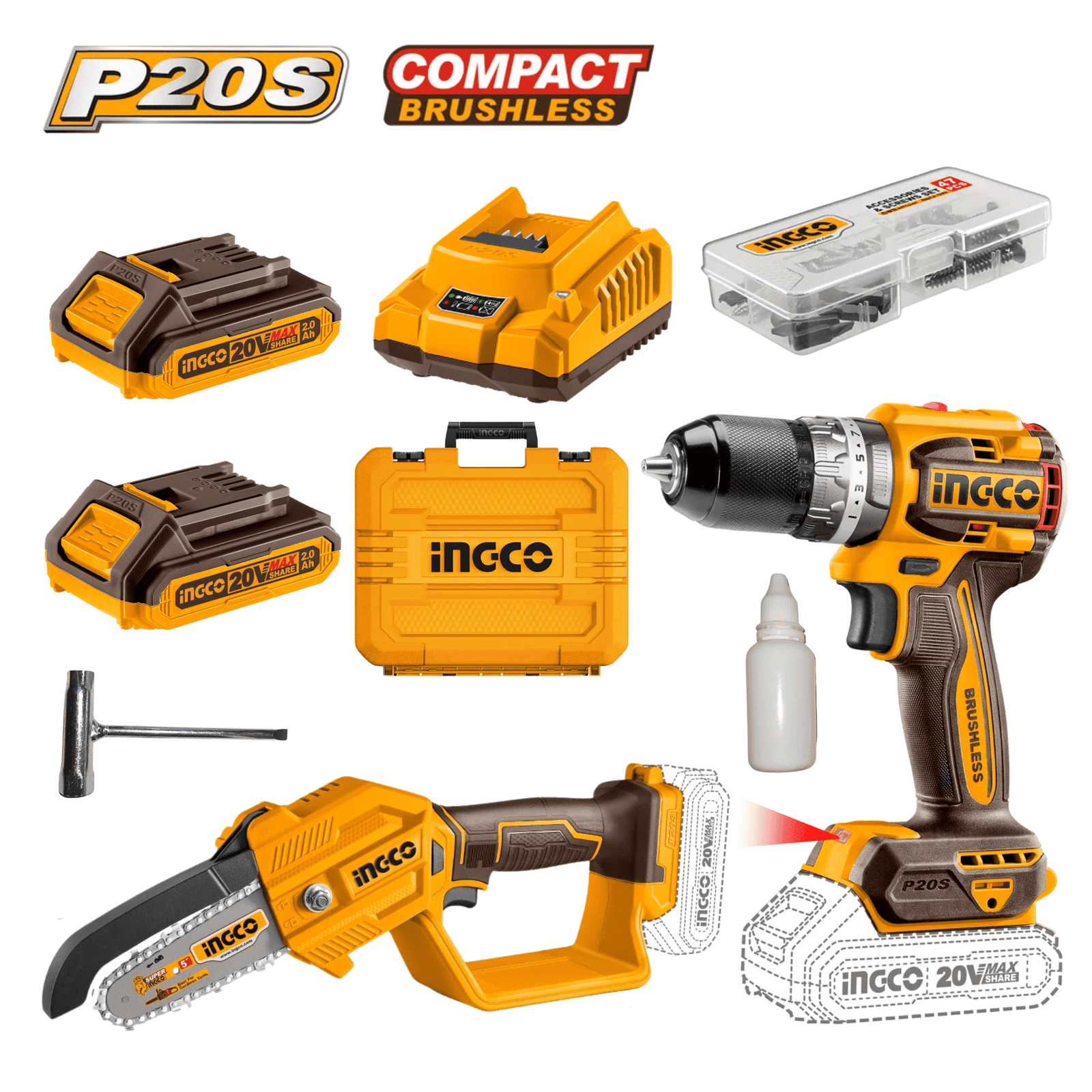 cdli20602-cgsli2058-17300 Combo taladro ½" + mini motosierra 5" 20v Ingco - Imagen 1