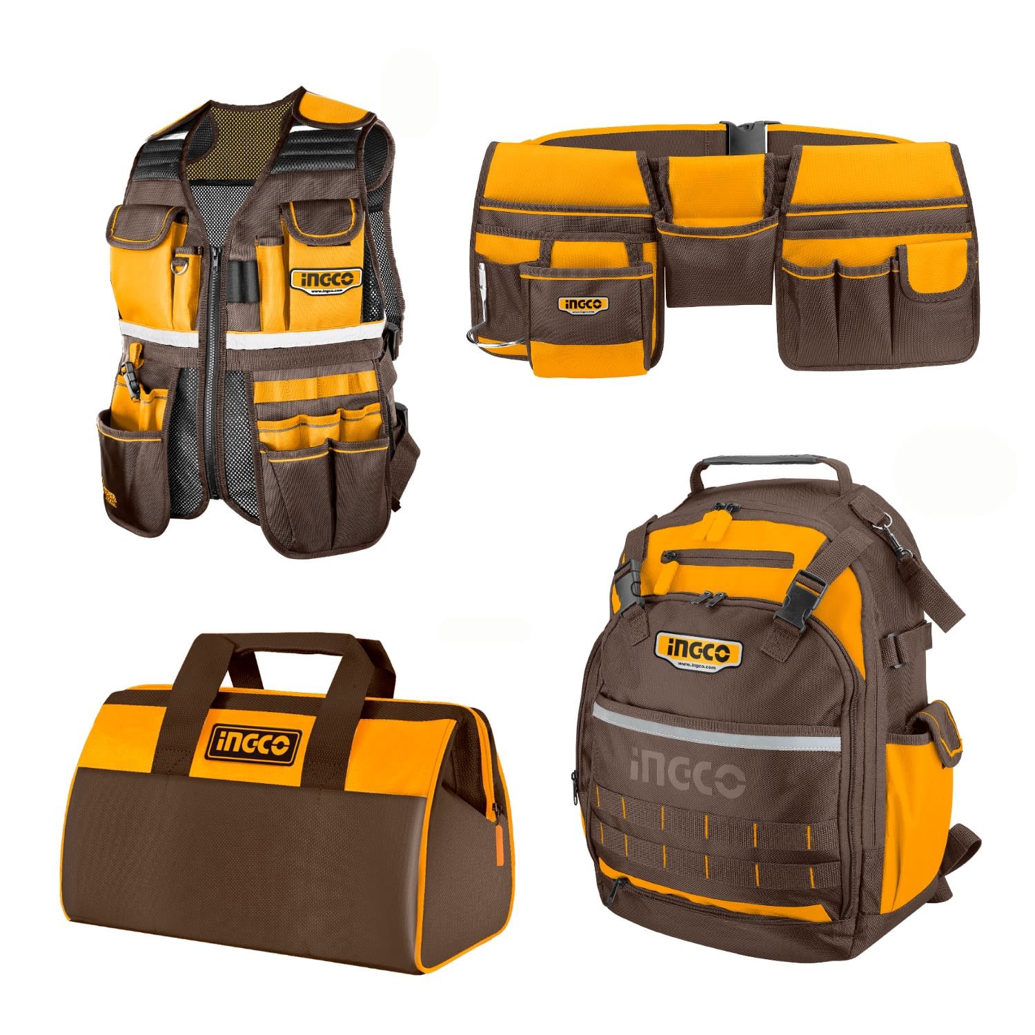 cos2309086144 Kit 4 Porta Herramientas Ingco Chaleco + Mochila + Bolso + Cinturón - Imagen 1