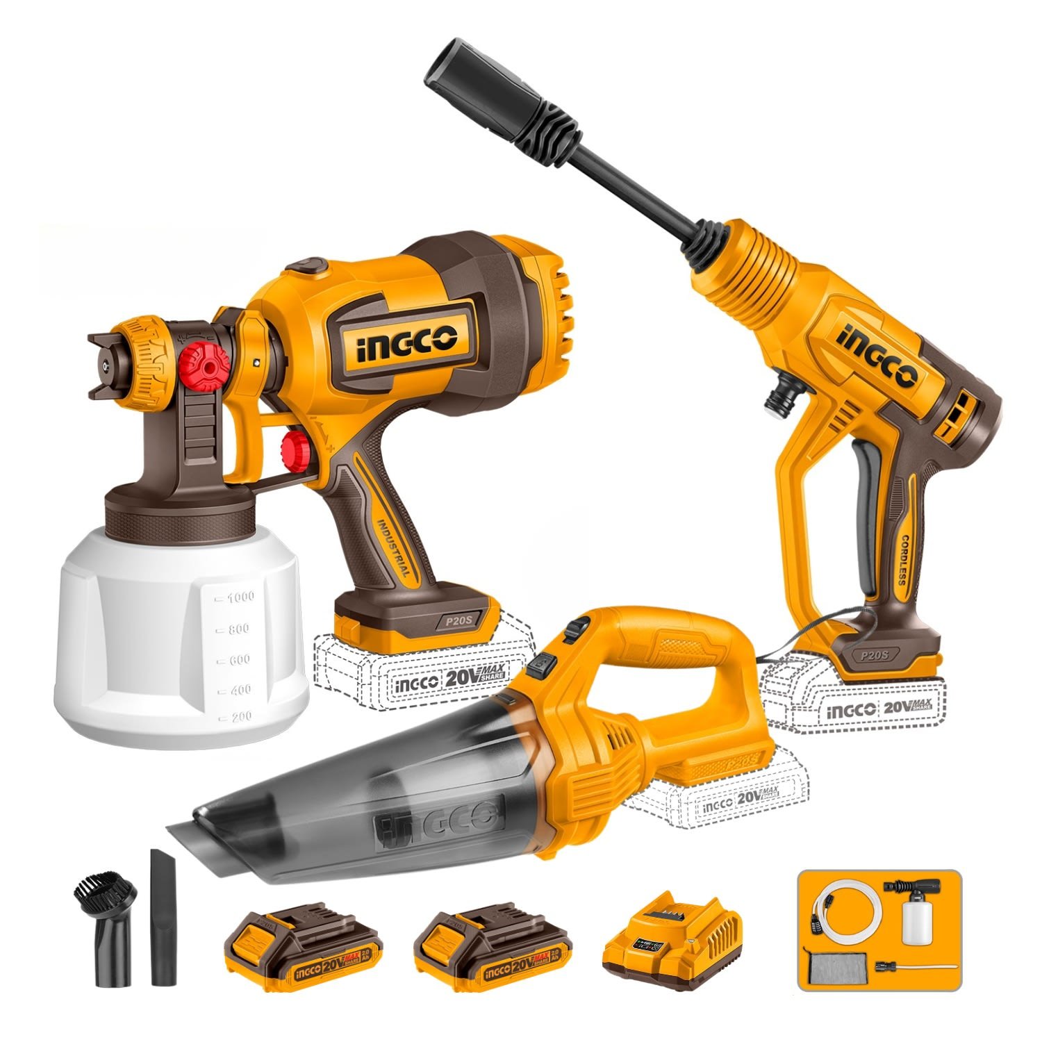 cosli2305220672 Combo 20V Hidrolavadora + Pistola para Pintar + Aspiradora Inalámbrica Ingco - Imagen 1