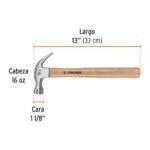 Martillo pulido 16 oz uña curva, mango madera - Imagen 3