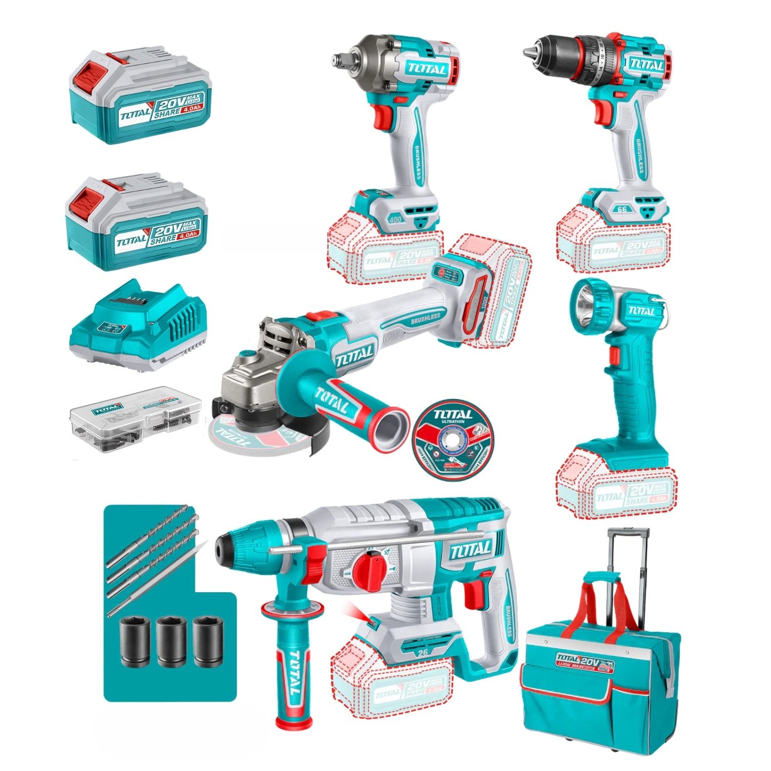tckli205926806 Combo Taladro 66nm + llave de impacto + Rotomartillo + Amoladora + Linterna Total - Imagen 1