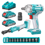 Combo llave de impacto 20v + llave ratchet 20v + set dados Total