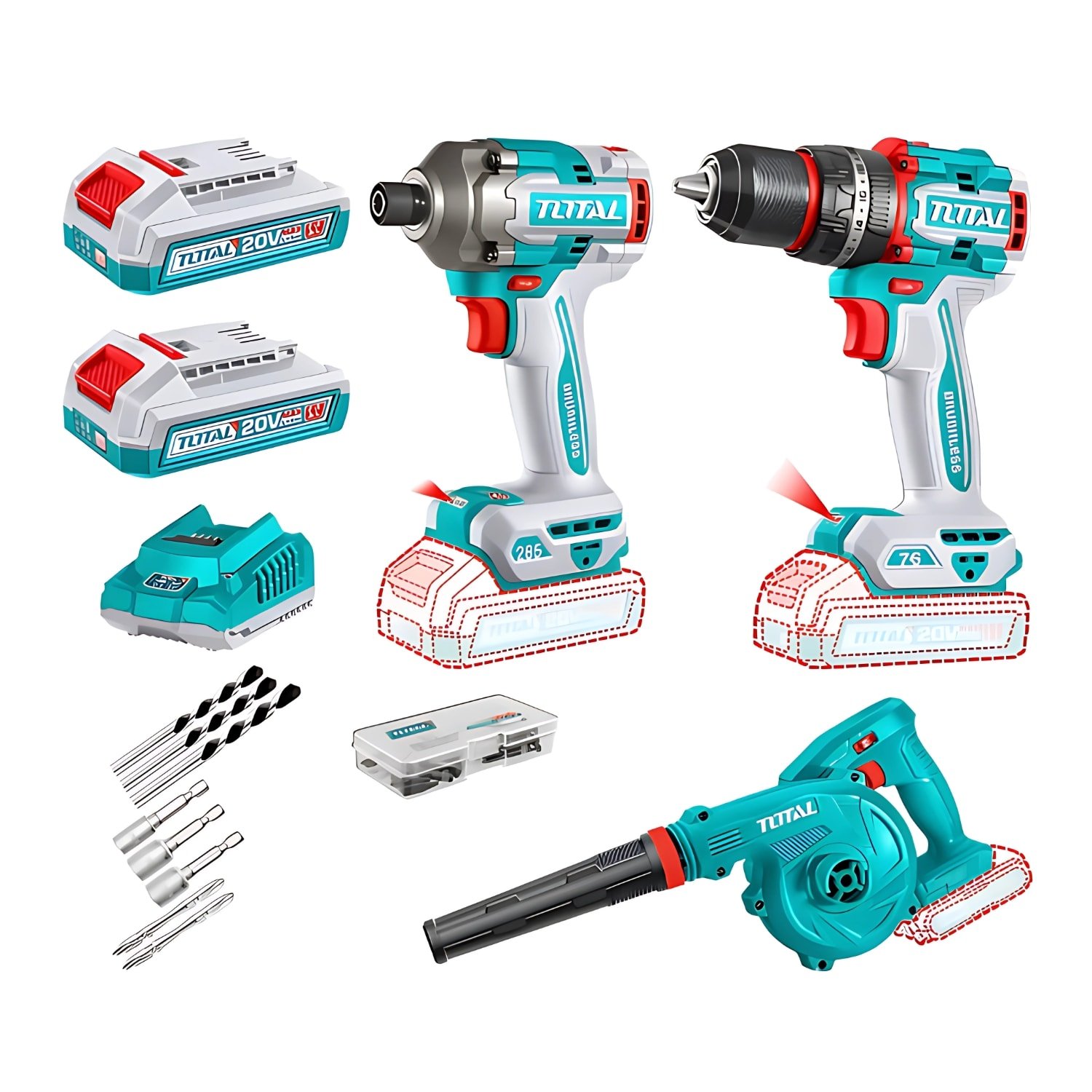tosli2501820525 Combo Taladro percutor 76Nm + Atornillador de Impacto 285Nm + Sopladora 20V Total - Imagen 1
