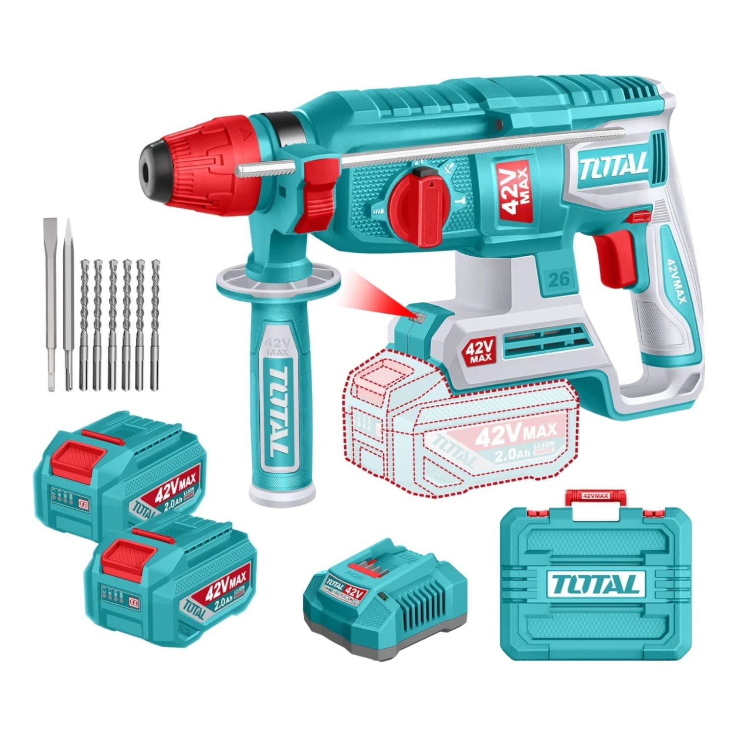 trhli4226824892 Rotomartillo SDS Plus 2.5J + 2 Batería y Cargador 42v Total - Imagen 1