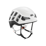 Casco Petzl Meteor visto desde el frente blanco y negro