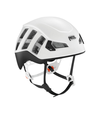 Casco Petzl Meteor visto desde el frente blanco y negro