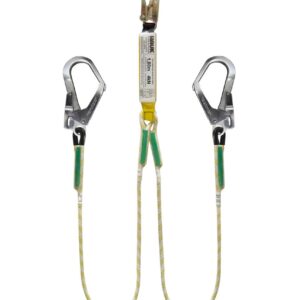 Línea de vida/conexión doble, con amortiguador de caída factor 1, de cuerda de 11 mm, un gancho de 3/4″ y dos ganchos de 2 1/4″