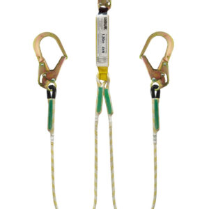 Línea de vida/conexión doble, con amortiguador de caída factor 1, de cuerda de 11 mm, un gancho de 3/4″ y dos ganchos de 2 1/2″ – ANSI Z359