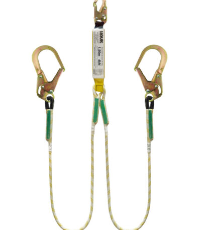 Línea de vida/conexión doble, con amortiguador de caída factor 1, de cuerda de 11 mm, un gancho de 3/4″ y dos ganchos de 2 1/2″ – ANSI Z359