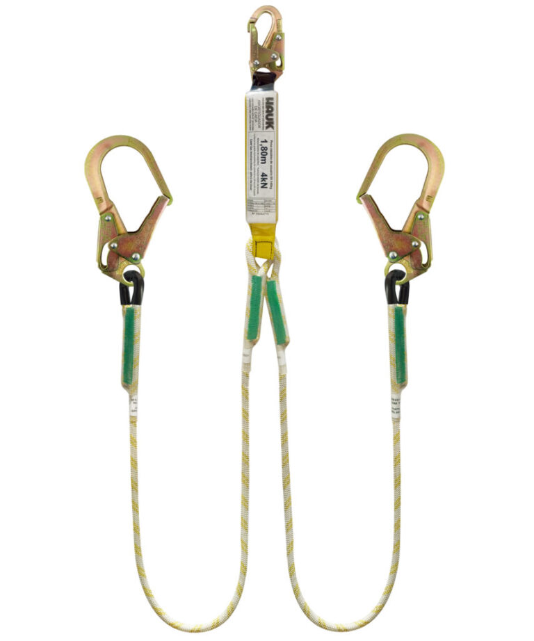 Línea de vida/conexión doble, con amortiguador de caída factor 1, de cuerda de 11 mm, un gancho de 3/4″ y dos ganchos de 2 1/2″ – ANSI Z359