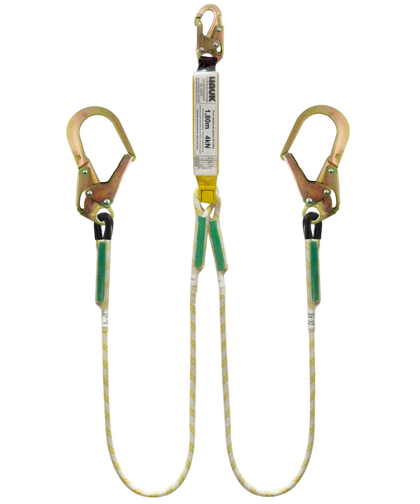 Línea de vida/conexión doble, con amortiguador de caída factor 1, de cuerda de 11 mm, un gancho de 3/4″ y dos ganchos de 2 1/2″ – ANSI Z359