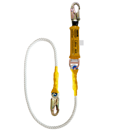 Línea de vida/conexión con amortiguador de caída factor 1, cabo torcido de nylon/poliéster de 5/8″ y dos ganchos de 3/4″