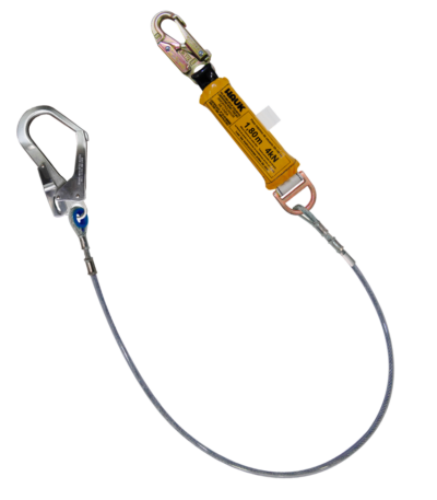 Línea de vida/conexión, con amortiguador de caída factor 1, de cable de acero de 1/4″, un gancho de 3/4″ y un gancho de 2 1/4″
