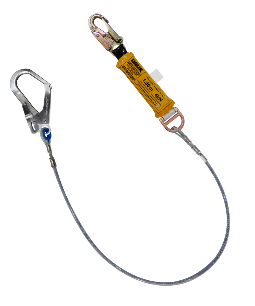 Línea de vida/conexión, con amortiguador de caída factor 1, de cable de acero de 1/4″, un gancho de 3/4″ y un gancho de 2 1/4″