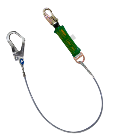 Línea de vida/conexión de 1,80 m con amortiguador de caída factor 2, cable de acero de 1/4″, un gancho de 3/4″ y un gancho de 2 1/4″