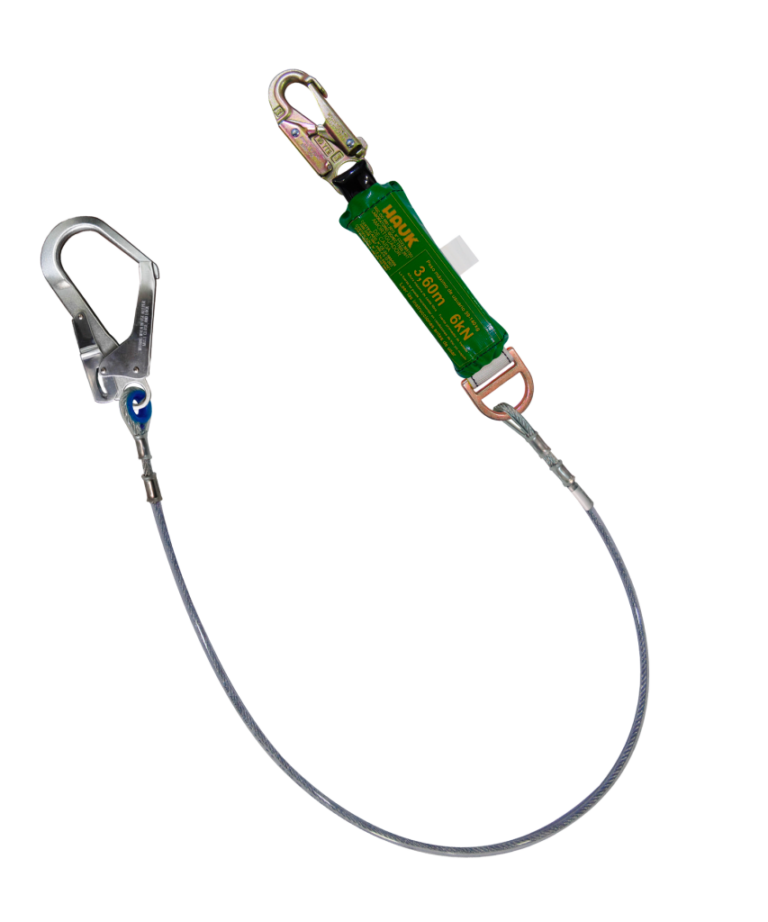 Línea de vida/conexión de 1,80 m con amortiguador de caída factor 2, cable de acero de 1/4″, un gancho de 3/4″ y un gancho de 2 1/4″