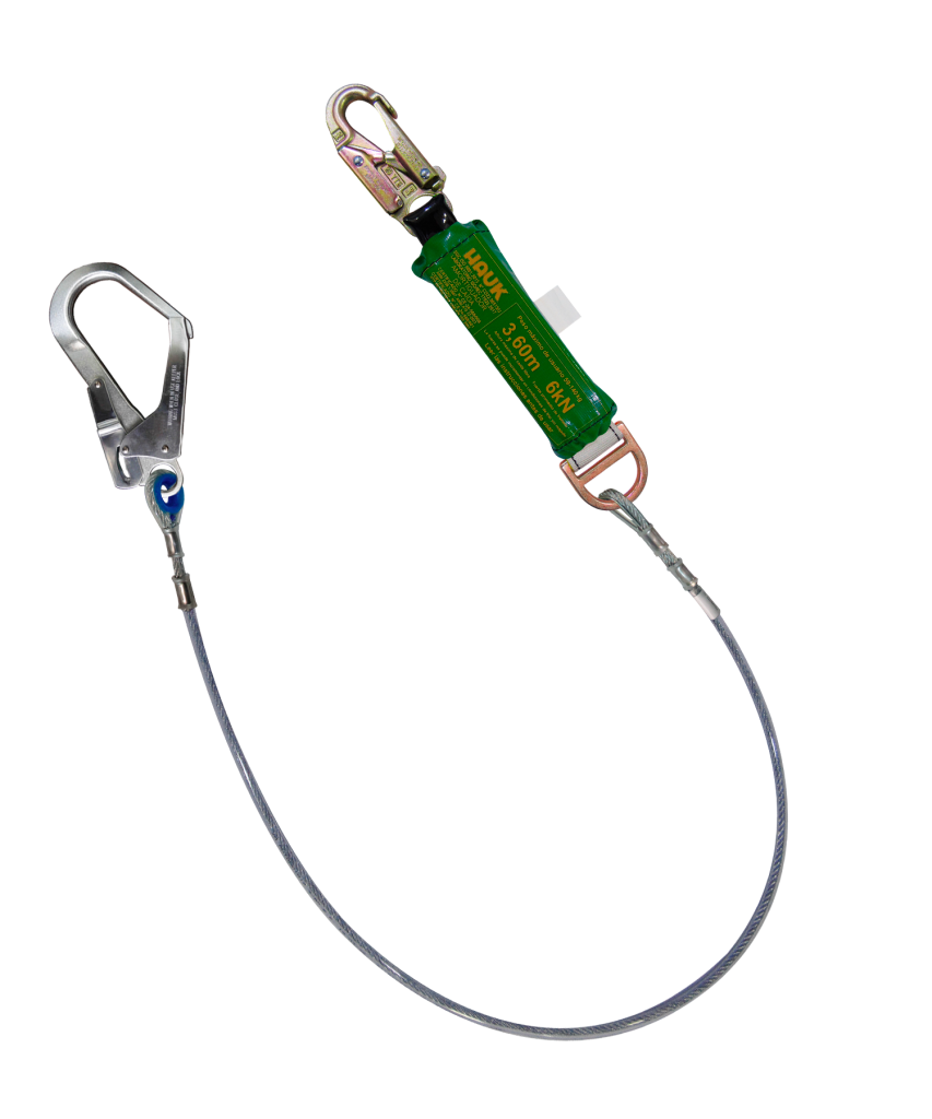 Línea de vida/conexión de 1,80 m con amortiguador de caída factor 2, cable de acero de 1/4″, un gancho de 3/4″ y un gancho de 2 1/4″