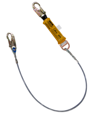 Línea de vida/conexión, con amortiguador de caída factor 1, de cable de acero de 1/4″ y dos ganchos de 3/4″