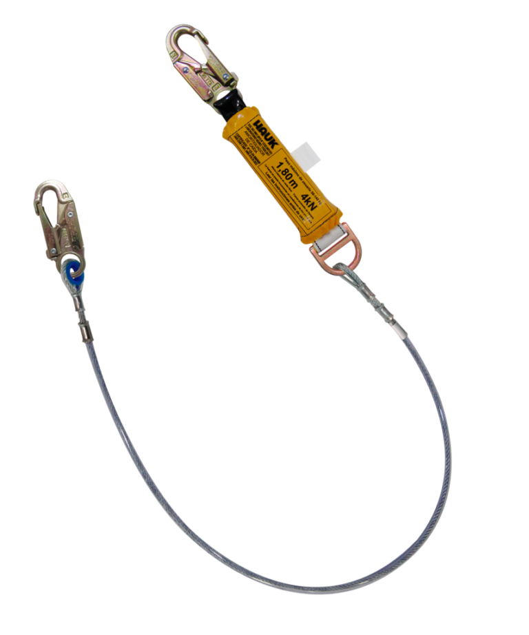 Línea de vida/conexión, con amortiguador de caída factor 1, de cable de acero de 1/4″ y dos ganchos de 3/4″