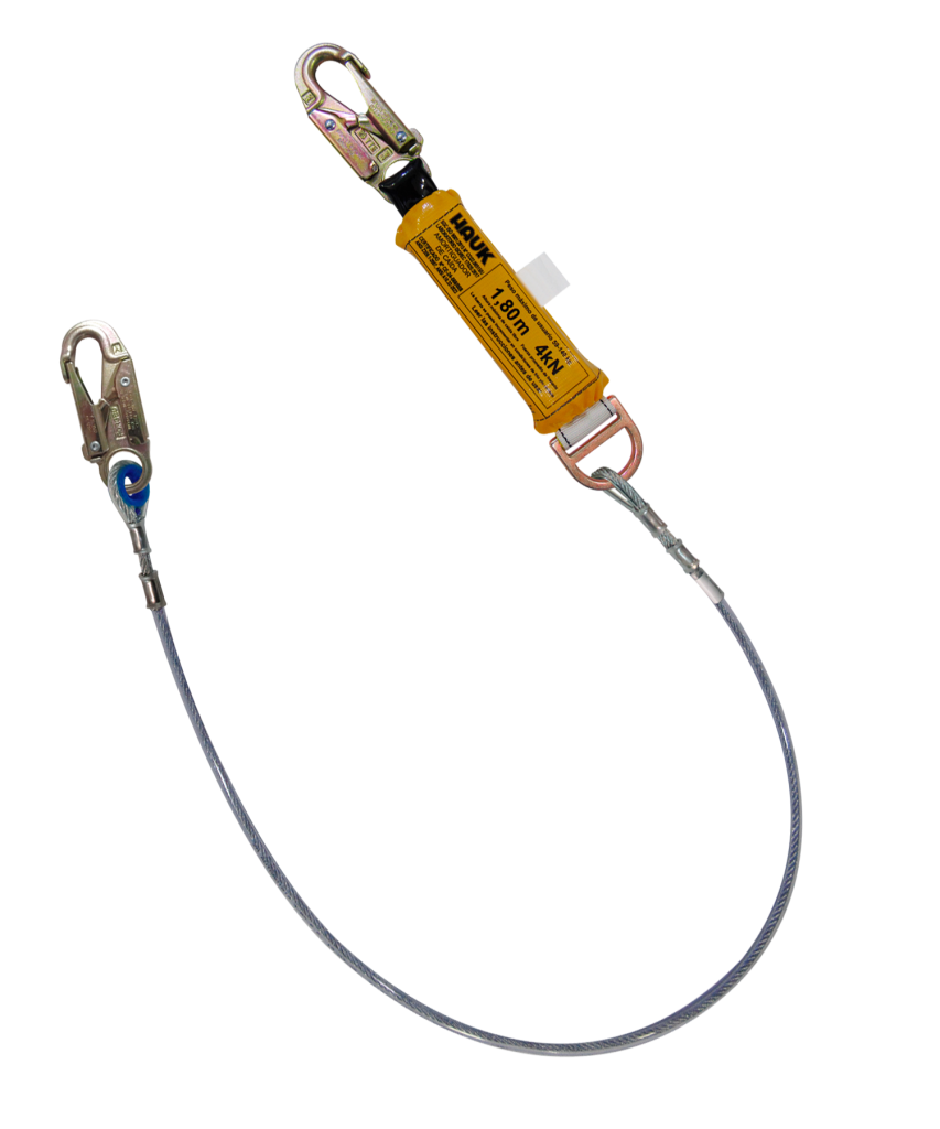 Línea de vida/conexión, con amortiguador de caída factor 1, de cable de acero de 1/4″ y dos ganchos de 3/4″
