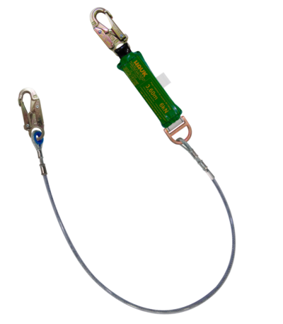 Línea de vida/conexión, con amortiguador de caída factor 2-altura máxima de caída 3,60 m, cable de acero de 1/4″ y dos ganchos de 3/4″