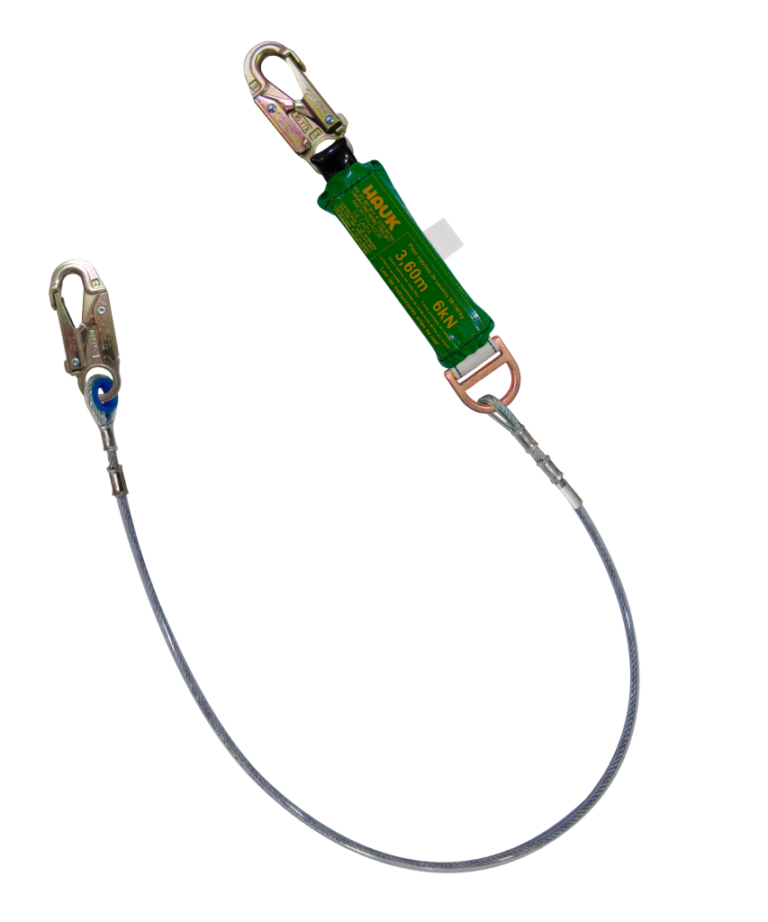 Línea de vida/conexión, con amortiguador de caída factor 2-altura máxima de caída 3,60 m, cable de acero de 1/4″ y dos ganchos de 3/4″