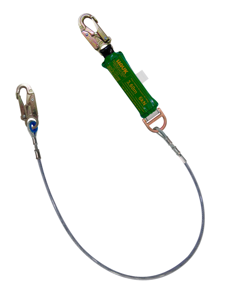 Línea de vida/conexión, con amortiguador de caída factor 2-altura máxima de caída 3,60 m, cable de acero de 1/4″ y dos ganchos de 3/4″