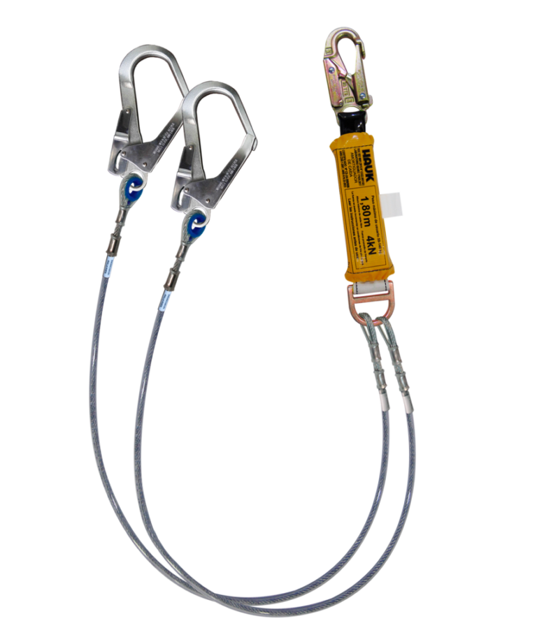 Línea de vida/conexión doble, con amortiguador de caída, de cable de acero 1/4″, un gancho de 3/4″ y dos ganchos de 2 1/4″
