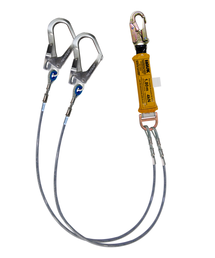 Línea de vida/conexión doble, con amortiguador de caída, de cable de acero 1/4″, un gancho de 3/4″ y dos ganchos de 2 1/4″