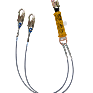 Línea de vida/conexión doble, con amortiguador de caída factor 1, de cable de acero de 1/4″ y tres ganchos de 3/4″