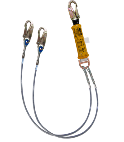 Línea de vida/conexión doble, con amortiguador de caída factor 1, de cable de acero de 1/4″  y tres ganchos de 3/4″