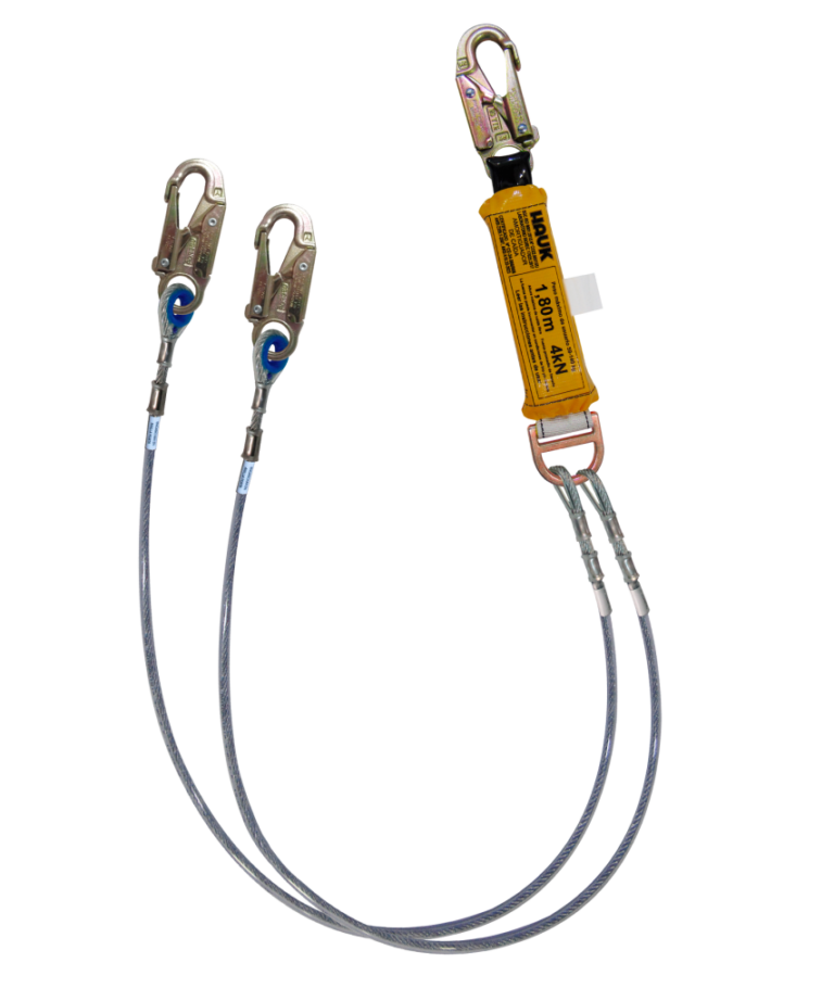 Línea de vida/conexión doble, con amortiguador de caída factor 1, de cable de acero de 1/4″  y tres ganchos de 3/4″