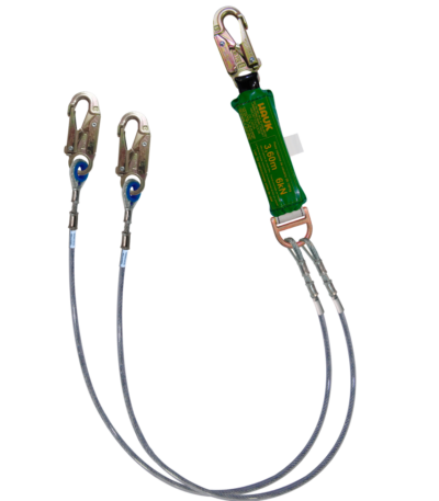 Línea de vida/conexión, doble, de 1,80 m con amortiguador de caída factor 2, cable de acero de 1/4″ y tres ganchos de 3/4″
