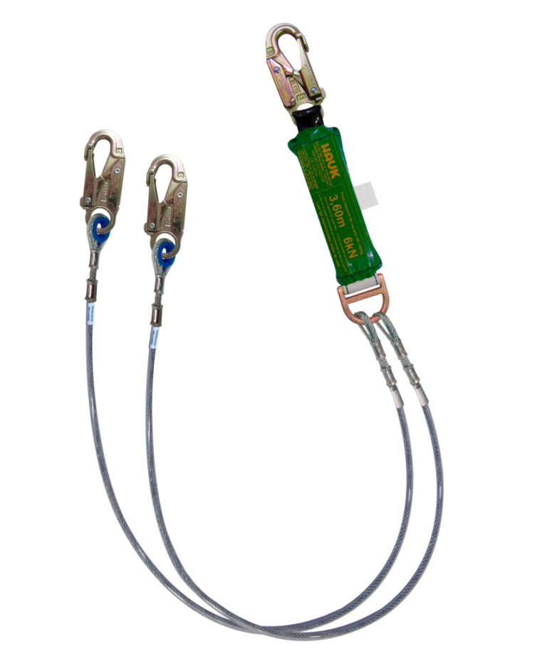 Línea de vida/conexión, doble, de 1,80 m con amortiguador de caída factor 2, cable de acero de 1/4″ y tres ganchos de 3/4″