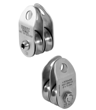 Polea de 13 mm, doble de placas laterales móviles y placa central, de acero inoxidable