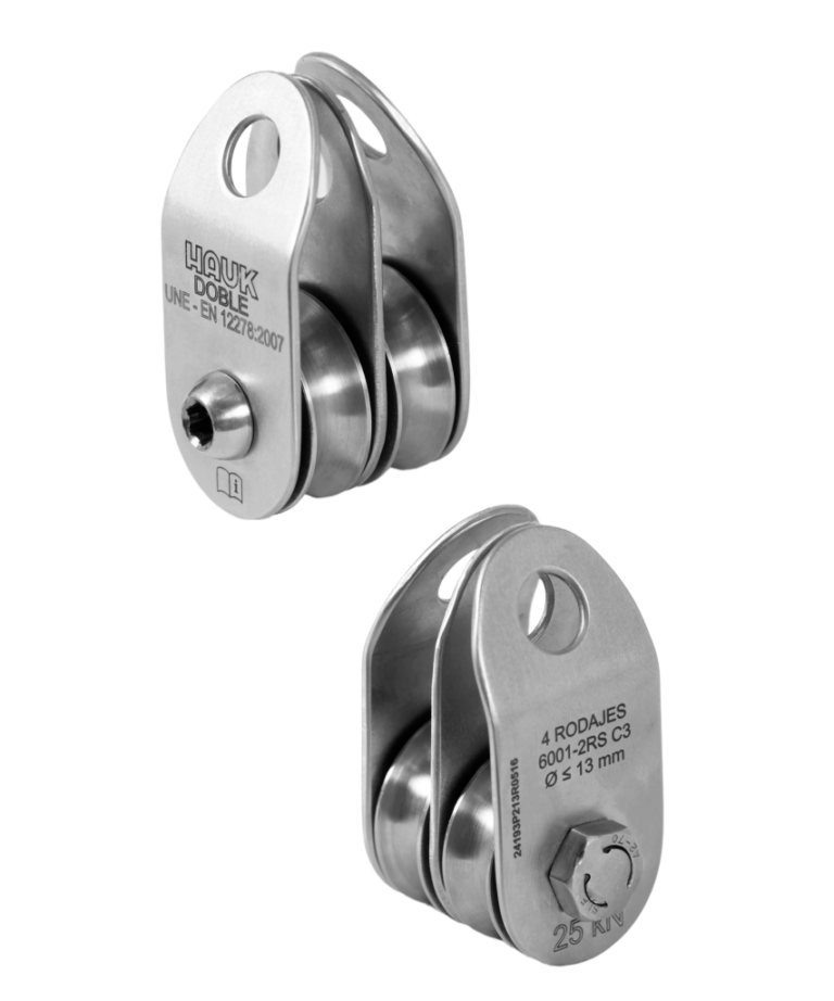 Polea de 13 mm, doble de placas laterales móviles y placa central, de acero inoxidable