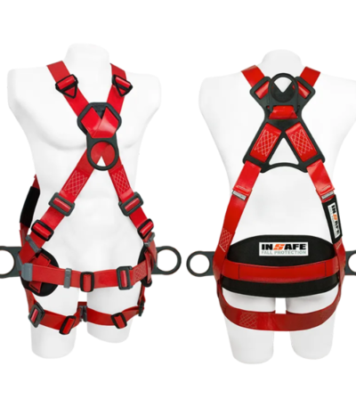 Arnés dieléctrico de poliuretano INSAFE IN 8004-1P con soporte lumbar para trabajos en altura.