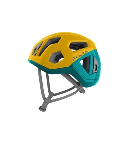 Casco infantil PENTA JUNIOR de Singing Rock en color amarillo y verde azulado para escalada y alpinismo