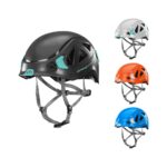 Casco de escalada ventilado y resistente ideal para alpinismo, descenso de barrancos y vías ferratas, con carcasa híbrida y diseño ergonómico.