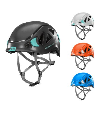 Casco de escalada ventilado y resistente ideal para alpinismo, descenso de barrancos y vías ferratas, con carcasa híbrida y diseño ergonómico.