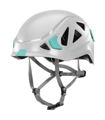 Casco de escalada ventilado y resistente ideal para alpinismo, descenso de barrancos y vías ferratas, con carcasa híbrida y diseño ergonómico.