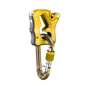 Asegurador dorado de frenado manual Click Up para escalada deportiva en roca o rocódromo