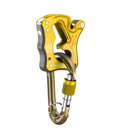 Asegurador dorado de frenado manual Click Up para escalada deportiva en roca o rocódromo