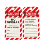 Tarjeta de bloqueo NO OPERAR BAN-P04 para sistemas LOTO en polietileno resistente con señalización de peligro