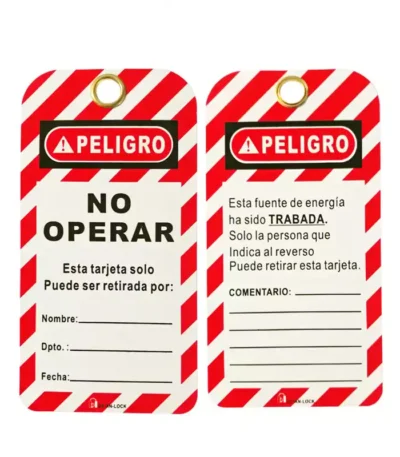 Tarjeta de bloqueo NO OPERAR BAN-P04 para sistemas LOTO en polietileno resistente con señalización de peligro